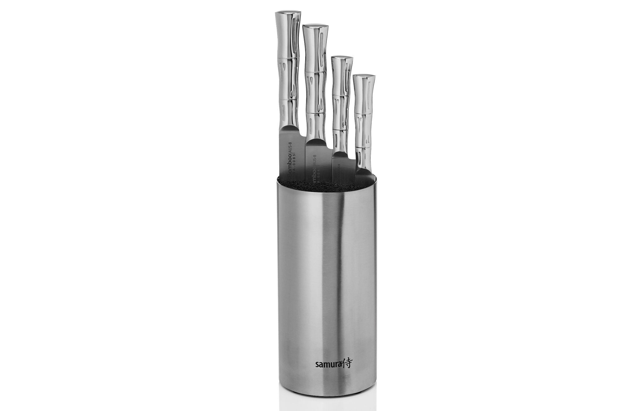 Samura Bamboo Knife block set with 4 kitchen knives: nóż do obierania, nóż uniwersalny, nóż do plastrowania, nóż szefa, brush block