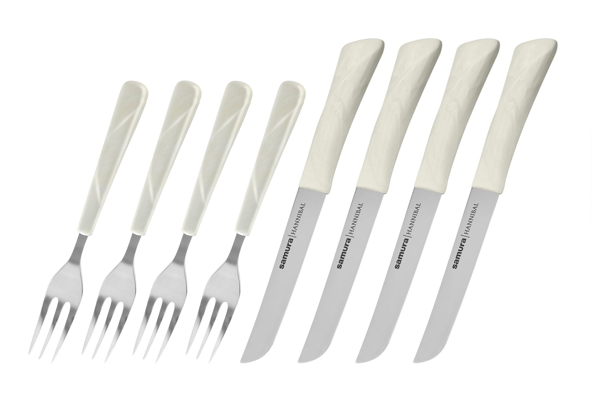 Samura HANNIBAL nóż do steków and fork Set for 4 persons, biała rękojeść.